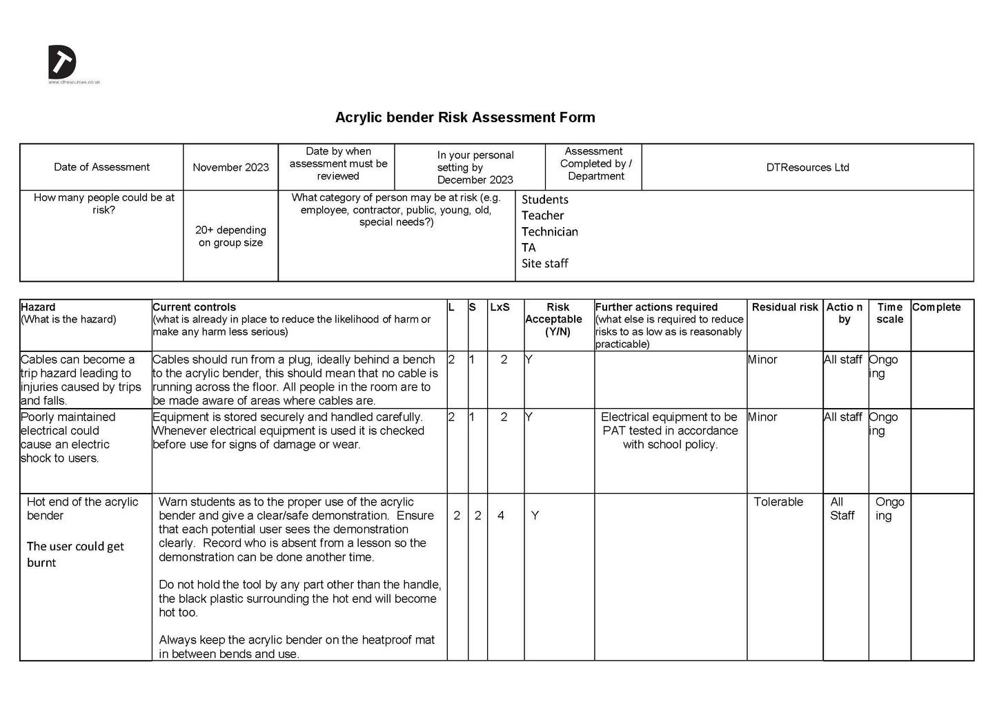 Risk Assessment for the Acrylic Benders