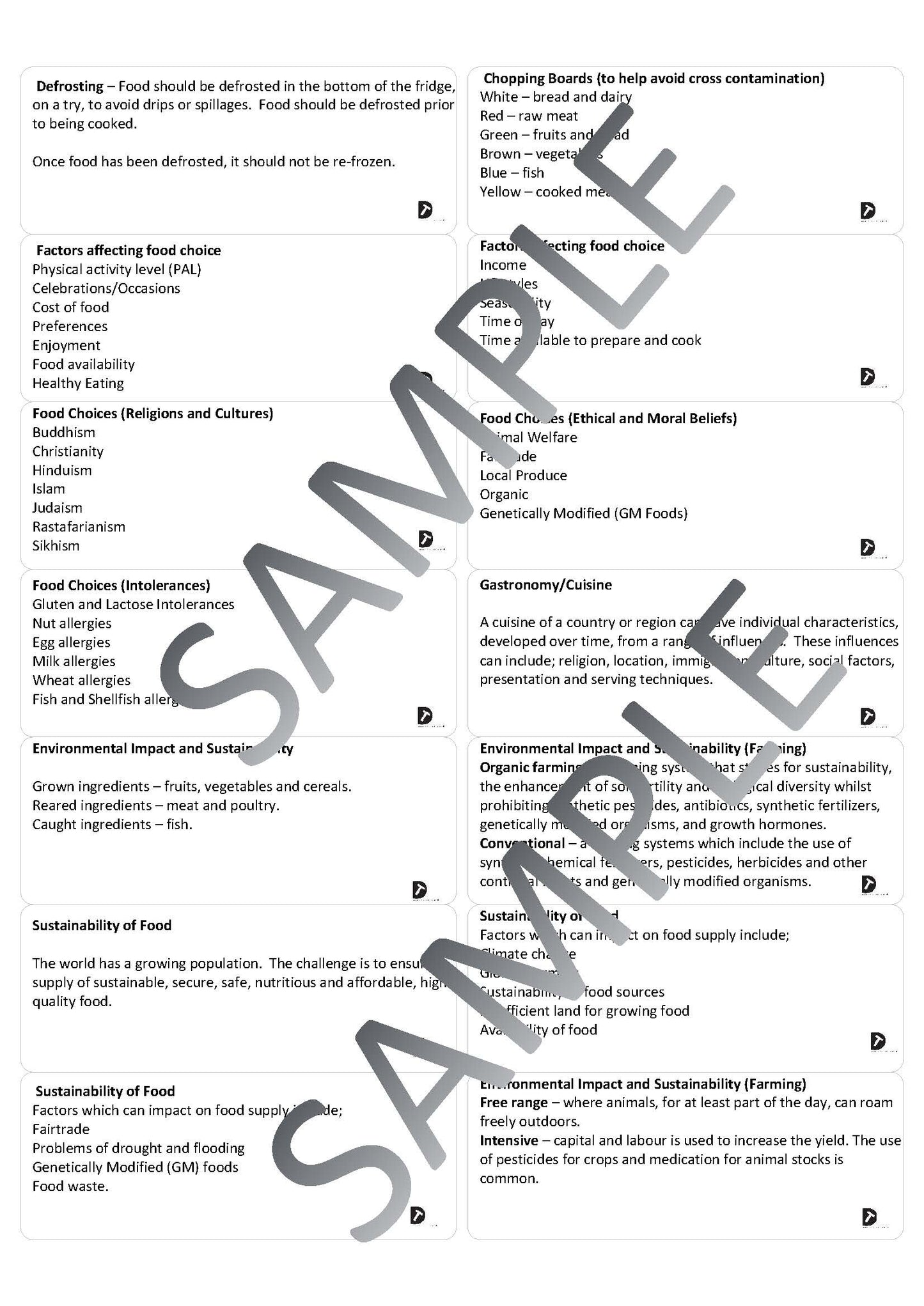 Food Preparation and Nutrition Revision Cards