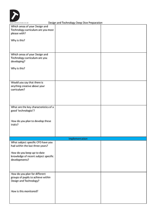 Deep Dive questions for Design and Technology – DTRESOURCES Limited